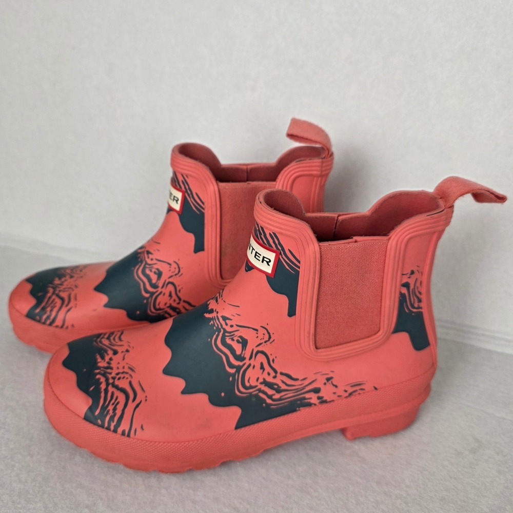 Hunter Original Chelsea Rain Boots Coral Pink Black Marble Print Womens Size 8 - Picture 3 of 8